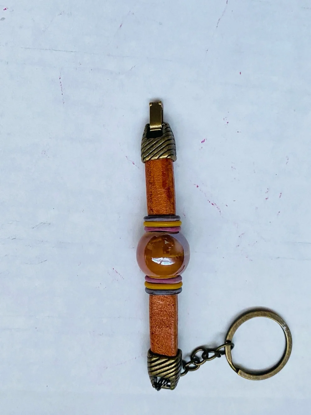 Brown Leather Key Ring, Holder with Decorative Bead